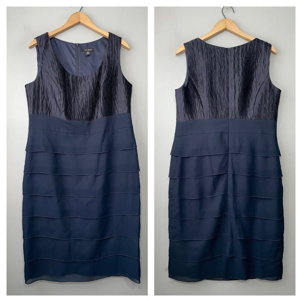 Le Bos Size 12 Navy Blue Tiered Ruffle Sheath Dress Event Party Semi Formal Dark